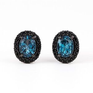 JCL Colleen Lopez Black Rhodium Sterling Blue Topaz & Onyx Halo Stud Earrings